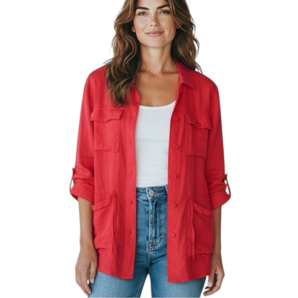 CHARTER CLUB 100% Linen Utility Jacket in Red Size Medium -- CLOSET STAPLE!!! - Picture 2 of 9